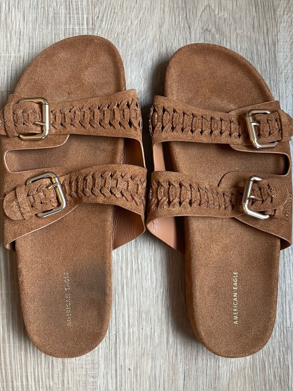 American Eagle Outfitters Brown Suede Double-Buckle Slide Sandals size 10